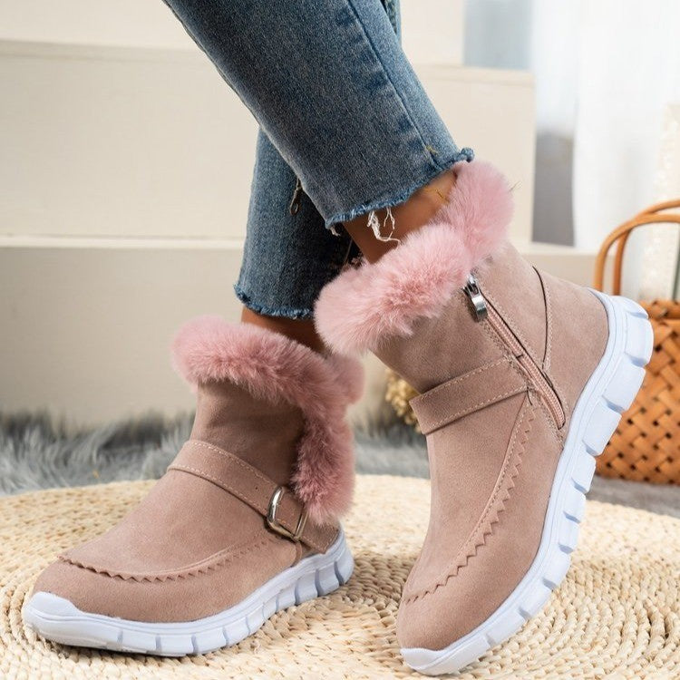 Winter Snow Boots - Women's Warm Plush Ankle Boots with Buckle Design