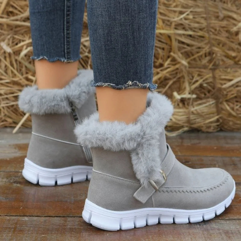 Winter Snow Boots - Women's Warm Plush Ankle Boots with Buckle Design