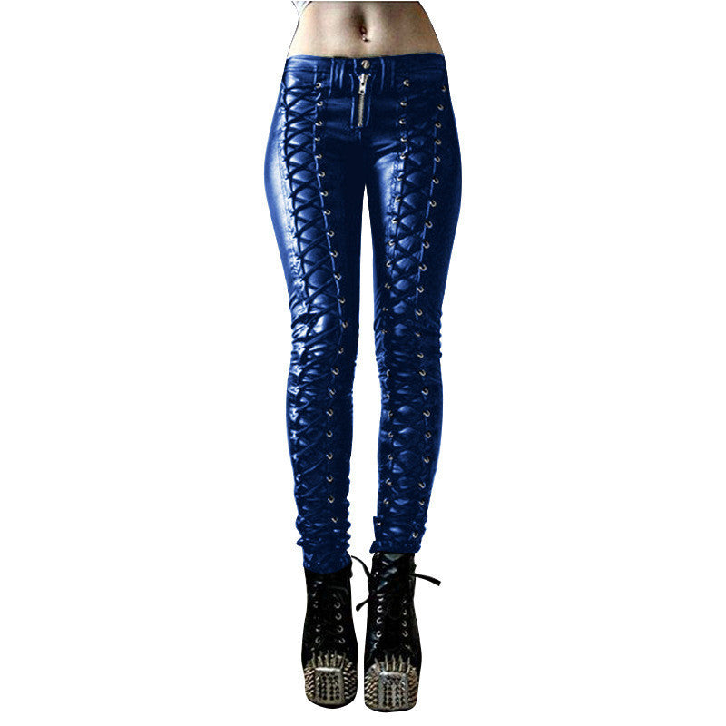 Women's Casual Lace-up PU Leather Pants - Solid Color Urban Style