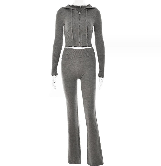 Casual Knitted Hoodie Suit - Long Sleeve Zip-Up Sweater & High Waist Pant Set for Women