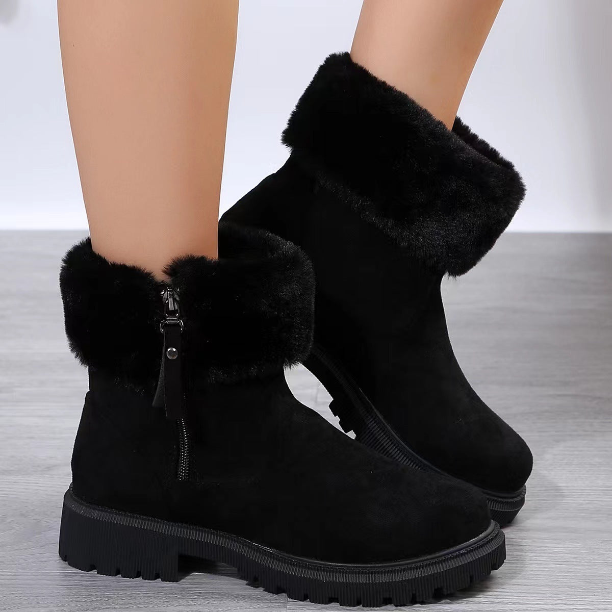 Warm Plush Side-Zipper Winter Snow Boots for Women - Stylish Outdoor Thickened Boots with Low Heel