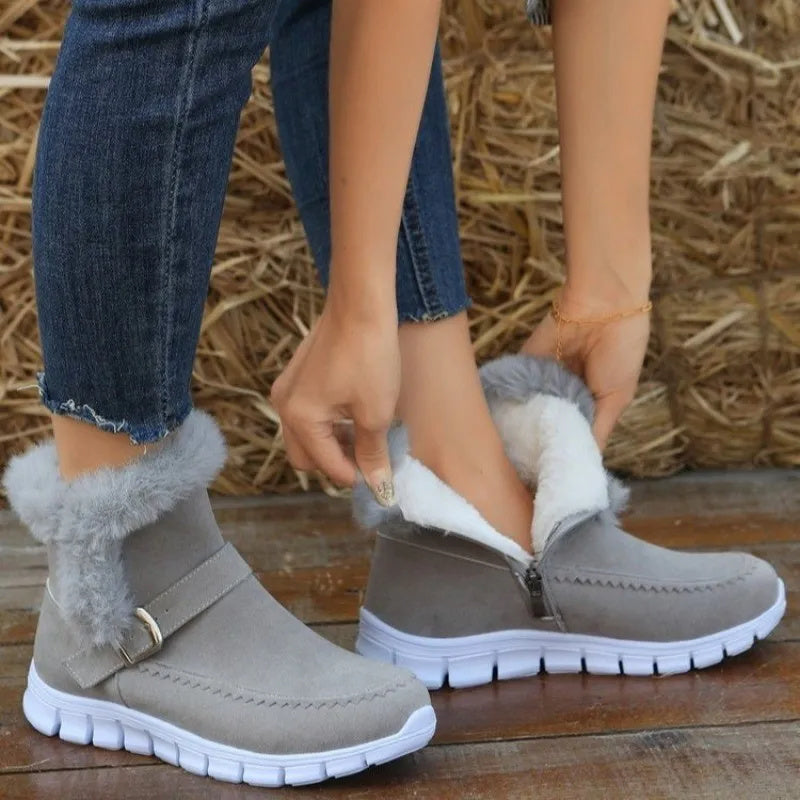 Winter Snow Boots - Women's Warm Plush Ankle Boots with Buckle Design