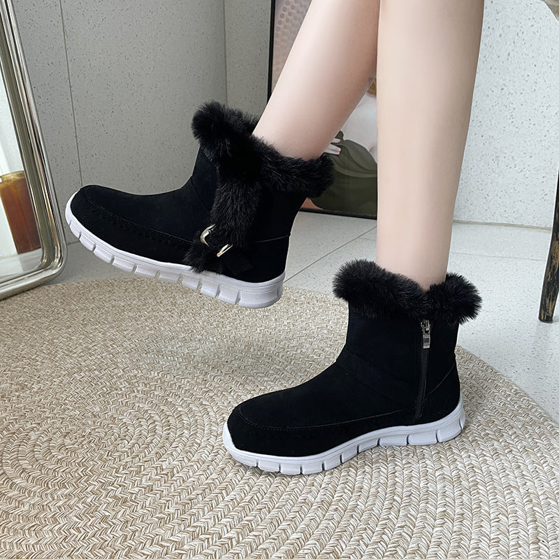 Winter Snow Boots - Women's Warm Plush Ankle Boots with Buckle Design