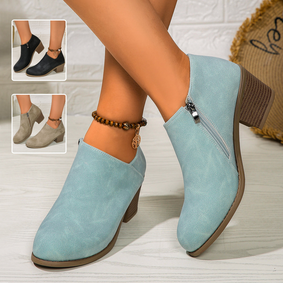 Stylish Chunky Heel Ankle Boots for Women - Side Zipper Round Toe Fashion Short Boots