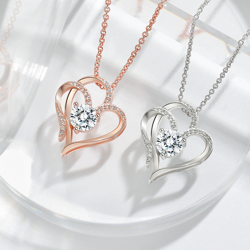 Double Heart Zircon Necklace - Romantic Heart-Shaped Pendant with Rhinestones