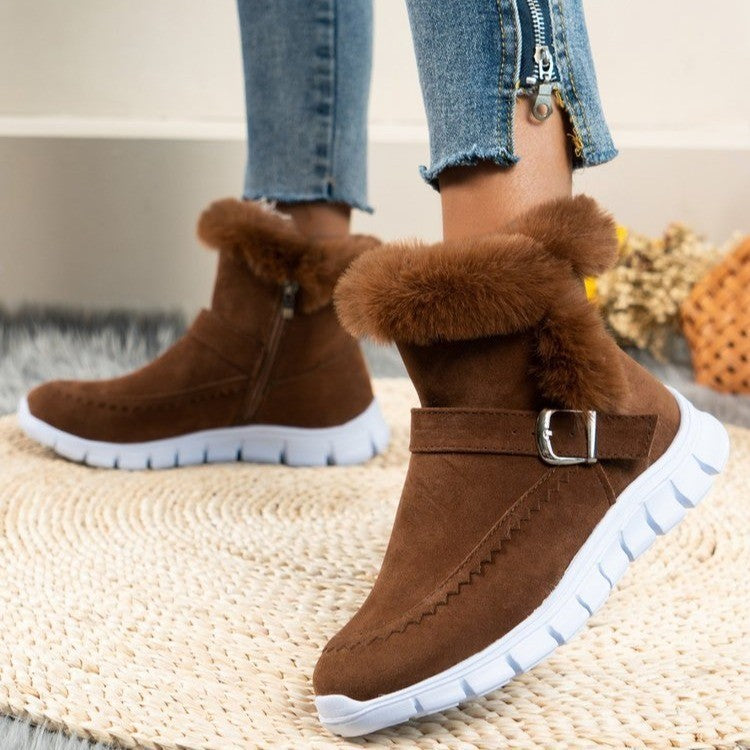 Winter Snow Boots - Women's Warm Plush Ankle Boots with Buckle Design