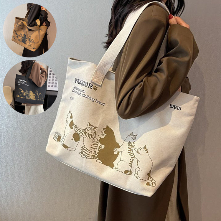 Cat-Printed Canvas Bag – Stylish & Spacious Tote for Everyday Use 🐾✨