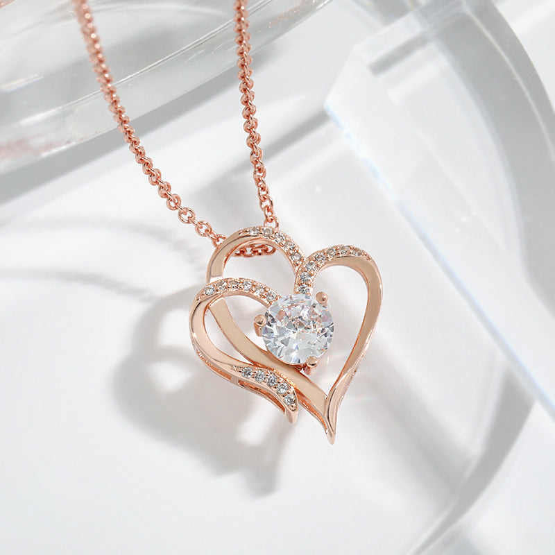 Double Heart Zircon Necklace - Romantic Heart-Shaped Pendant with Rhinestones