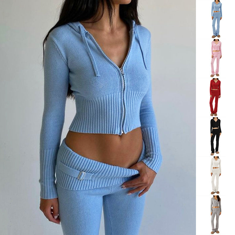 Casual Knitted Hoodie Suit - Long Sleeve Zip-Up Sweater & High Waist Pant Set for Women