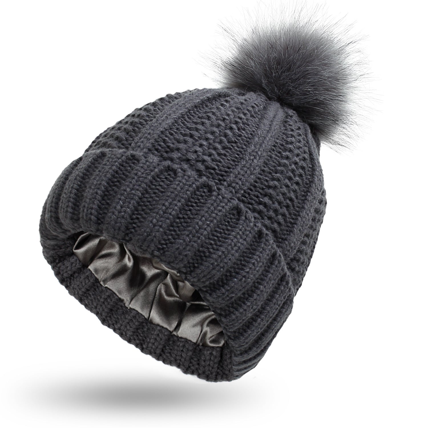 Satin-Lined Knit Beanie with Faux Fur Pom Pom – Stylish & Protective Winter Hat ❄️✨