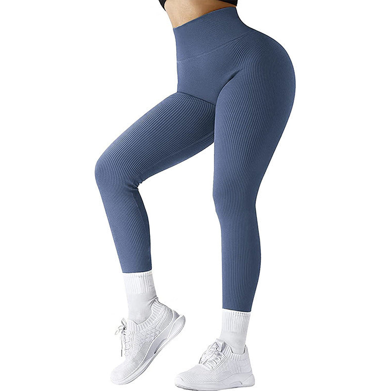 High Waist Seamless Threaded Knitted Fitness Leggings – Slimming Yoga and Running Pants