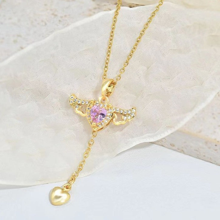 Cupid's Heart Angel Wings Tassel Necklace - Elegant Crystal Clavicle Chain for Women