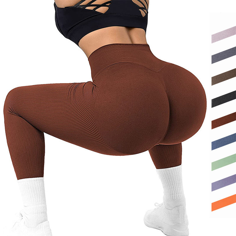 High Waist Seamless Threaded Knitted Fitness Leggings – Slimming Yoga and Running Pants