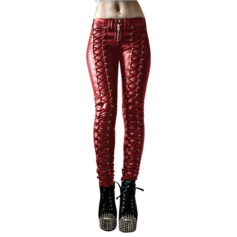 Women's Casual Lace-up PU Leather Pants - Solid Color Urban Style