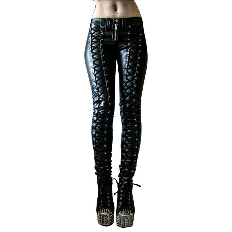 Women's Casual Lace-up PU Leather Pants - Solid Color Urban Style