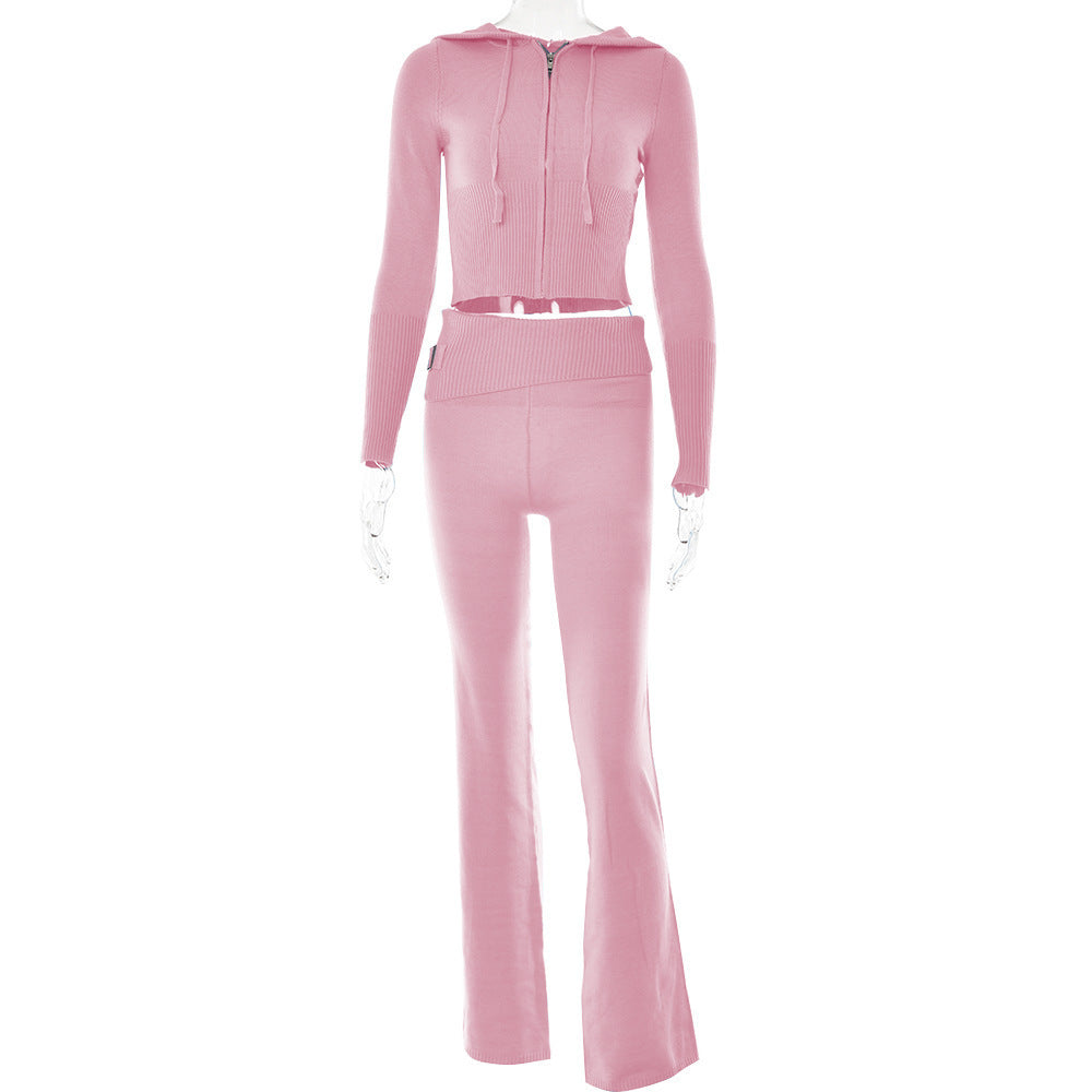 Casual Knitted Hoodie Suit - Long Sleeve Zip-Up Sweater & High Waist Pant Set for Women