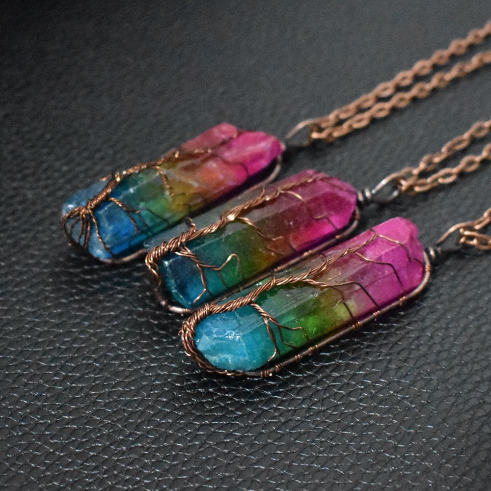 Rainbow Crystal Column Tree of Life Pendant Necklace - Stone Jewelry for Women