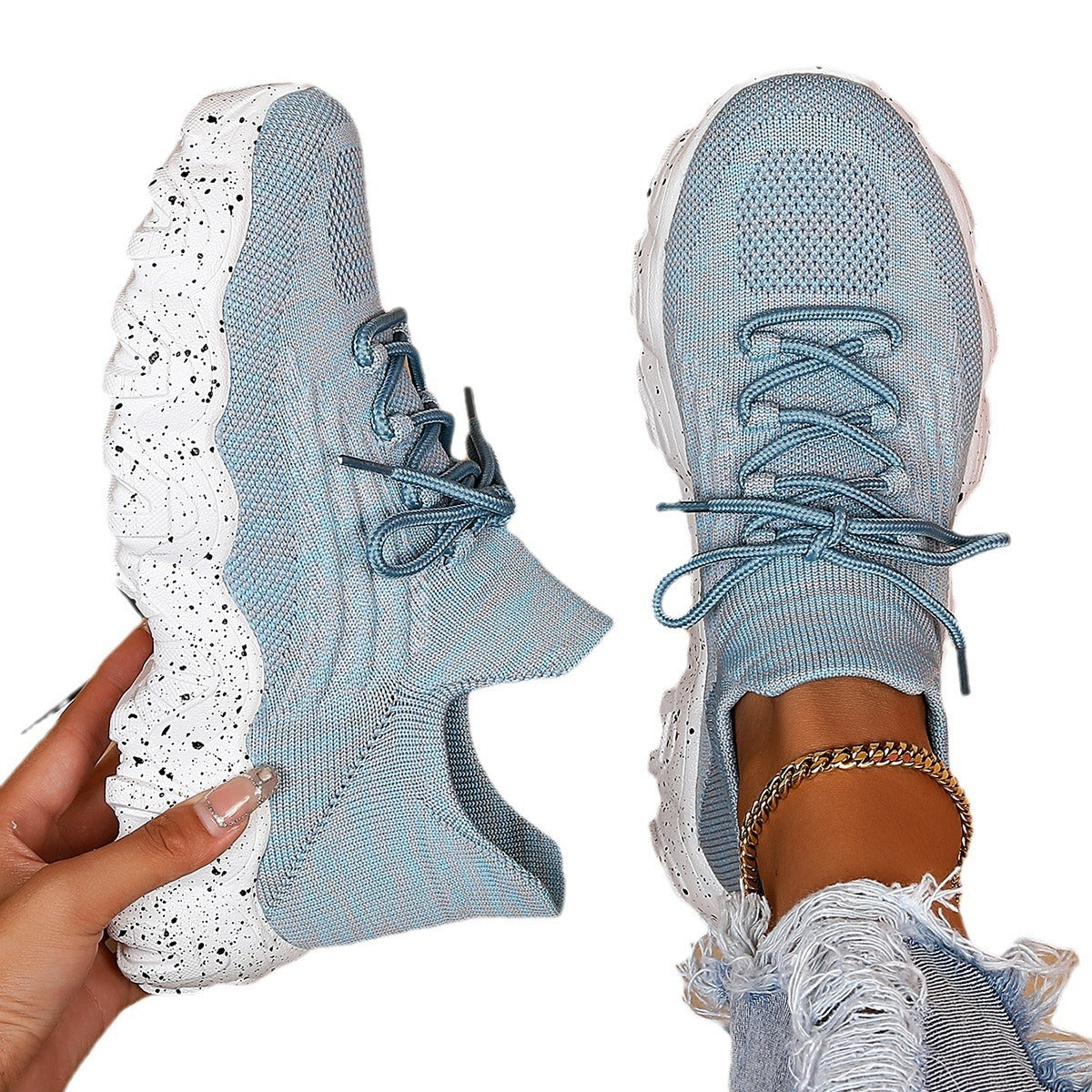 Women's Simple And Breathable Fly Woven Sock Shoes - Sky Blue Platform Sneakers