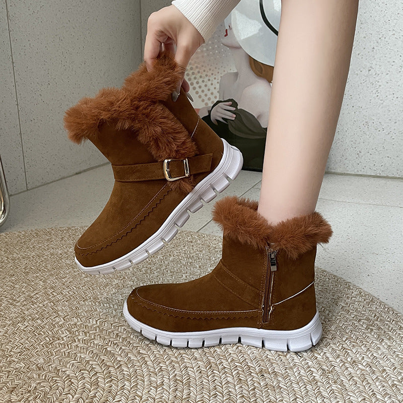 Winter Snow Boots - Women's Warm Plush Ankle Boots with Buckle Design