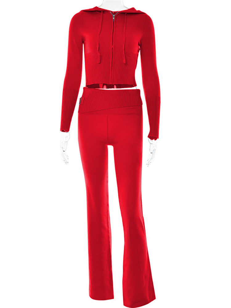 Casual Knitted Hoodie Suit - Long Sleeve Zip-Up Sweater & High Waist Pant Set for Women