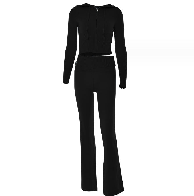 Casual Knitted Hoodie Suit - Long Sleeve Zip-Up Sweater & High Waist Pant Set for Women