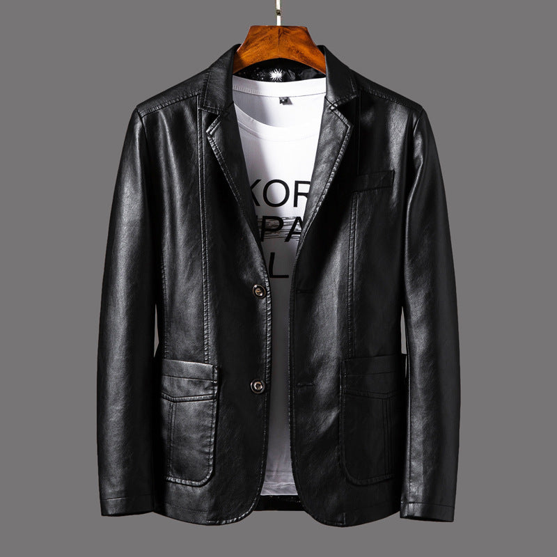 Men's Leather Lapel Jacket - Autumn & Winter PU Thin Lapel Blazer