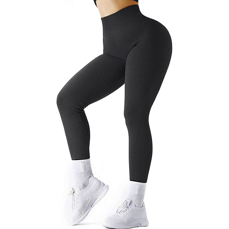 High Waist Seamless Threaded Knitted Fitness Leggings – Slimming Yoga and Running Pants