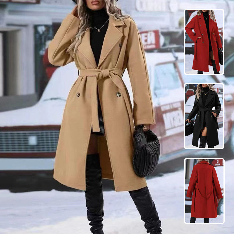 Lapel Double-Breasted Trench Coat With Belt – Stylish Winter Long Jacke