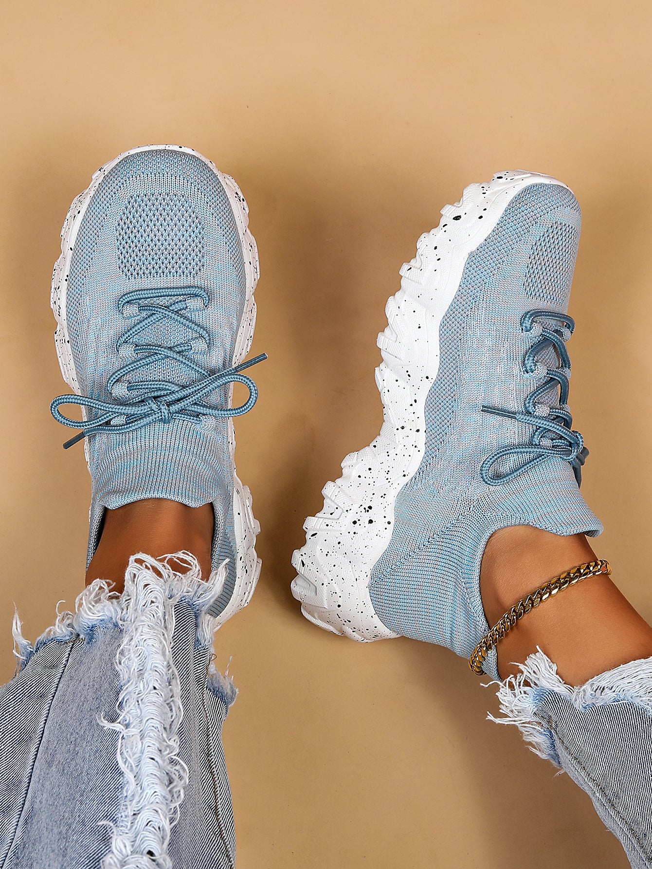 Women's Simple And Breathable Fly Woven Sock Shoes - Sky Blue Platform Sneakers