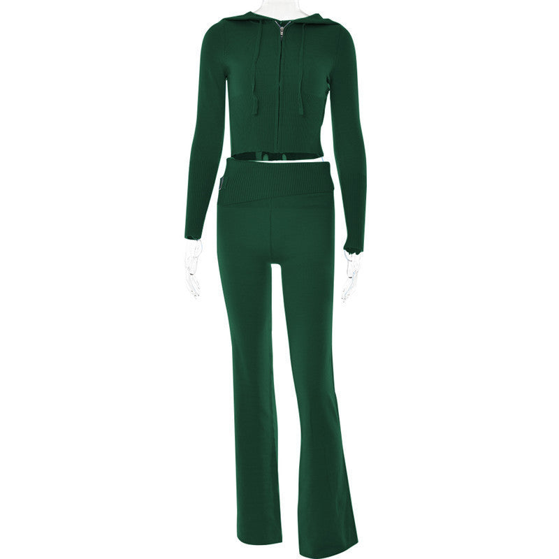 Casual Knitted Hoodie Suit - Long Sleeve Zip-Up Sweater & High Waist Pant Set for Women