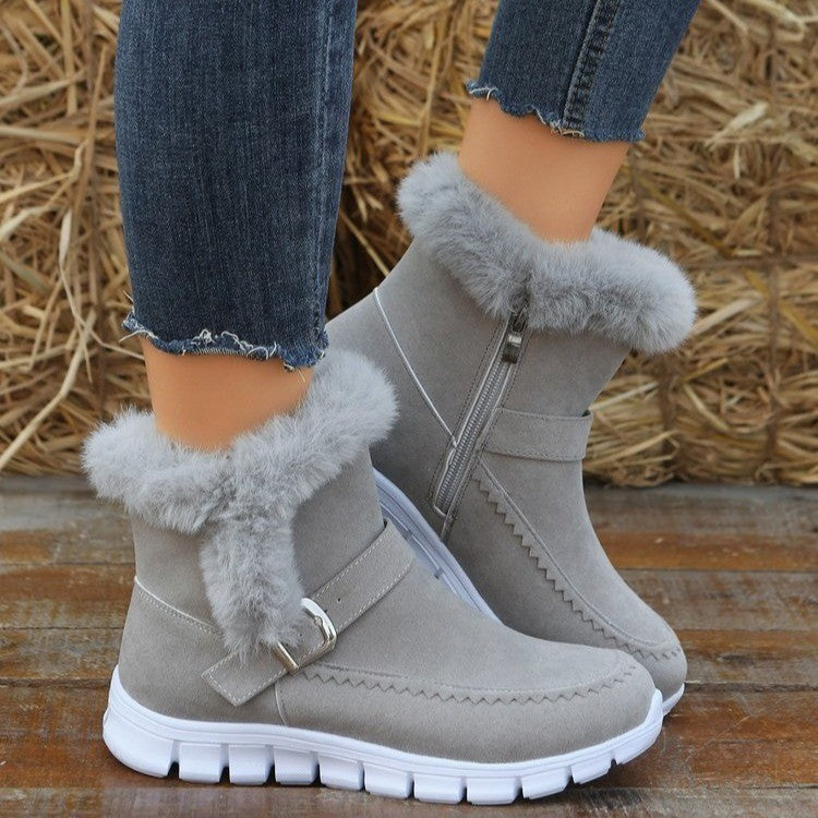 Winter Snow Boots - Women's Warm Plush Ankle Boots with Buckle Design