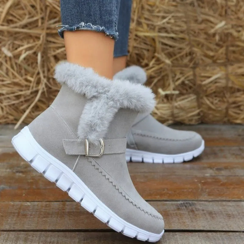 Winter Snow Boots - Women's Warm Plush Ankle Boots with Buckle Design